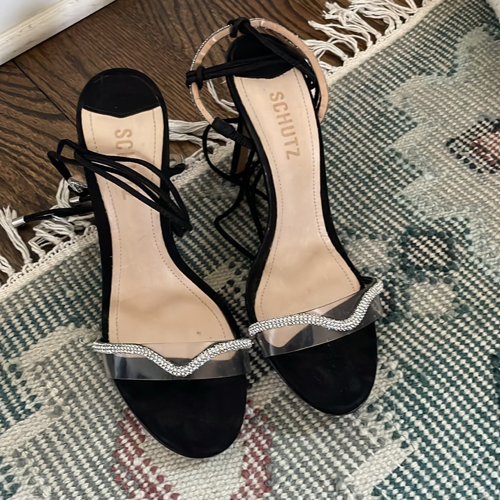 Schutz Cath Black Tie Up Rhinestone Embellished Clear Open Toe Heeled Sandals - Picture 7 of 8